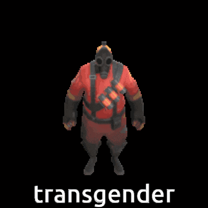 a pixel art of a man with a gas mask and the word transgender written below him