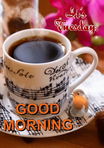 a cup of coffee sits on a saucer with music notes and the words " it 's tuesday " above it