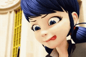 a close up of a cartoon girl with blue hair making a funny face