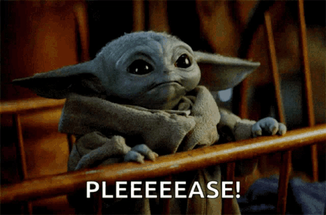 a baby yoda sitting in a wooden crib with the words pleeeease written below him