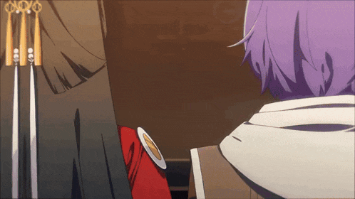 a person with purple hair is standing next to a person with brown hair