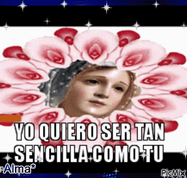 a picture of a woman surrounded by roses with the words yo quiero ser tan sencilla como tu