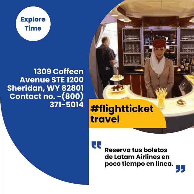 an advertisement for flight ticket travel shows a woman behind a bar