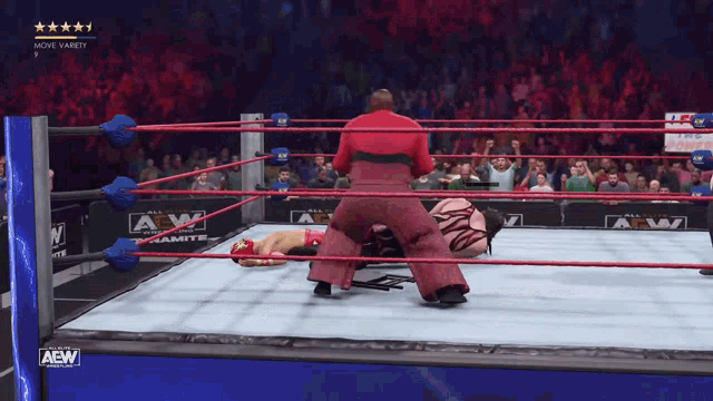 a video game shows a wrestling match with aew written on the ring