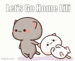 a couple of cartoon cats standing next to each other with the words `` let 's go home lili '' written above them .
