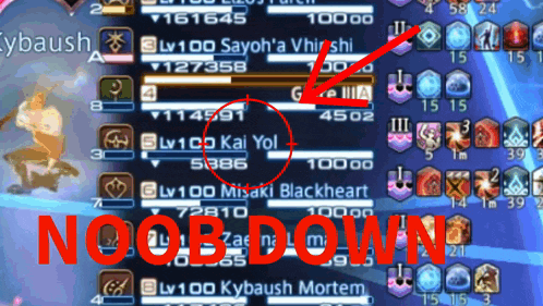 a screenshot of a video game with the words noob down written in red