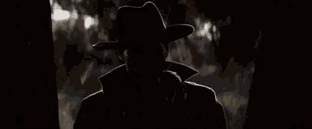 a man wearing a cowboy hat and a trench coat is standing in a dark room .