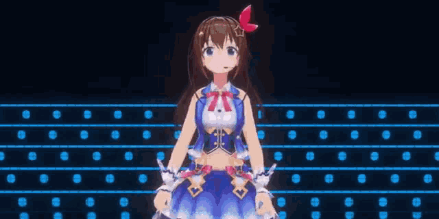 a 3d anime girl in a blue dress is standing in front of a blue background with dots .