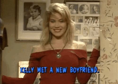 a woman in a red off the shoulder top is talking about her new boyfriend