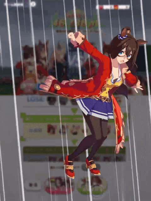 a girl in a red jacket and blue skirt is jumping in the air with the number 46 in the background