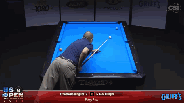 a pool table sponsored by griff 's shows a man playing pool