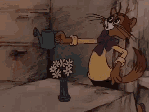 a cartoon cat is watering flowers in a vase with a blue watering can .