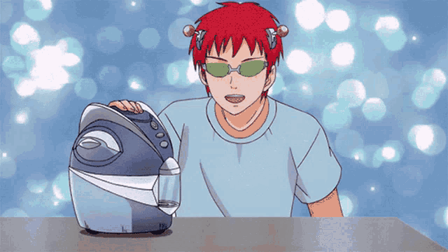 a cartoon character with red hair and green sunglasses holds a blue item
