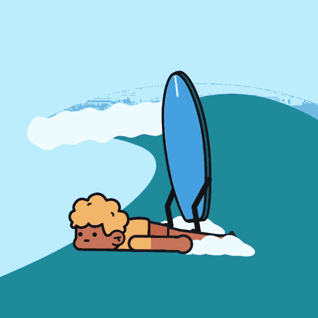 a cartoon of a man laying on a wave with a surfboard