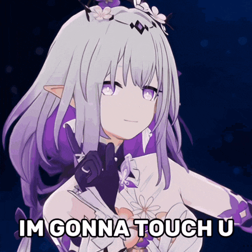 a picture of a girl with purple hair and a caption that says im gonna touch u