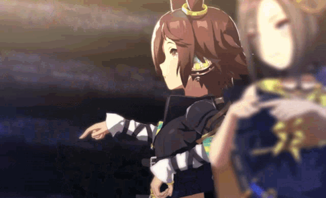 two anime girls are standing next to each other with one pointing