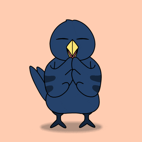 a cartoon bird with a yellow beak is standing with its eyes closed
