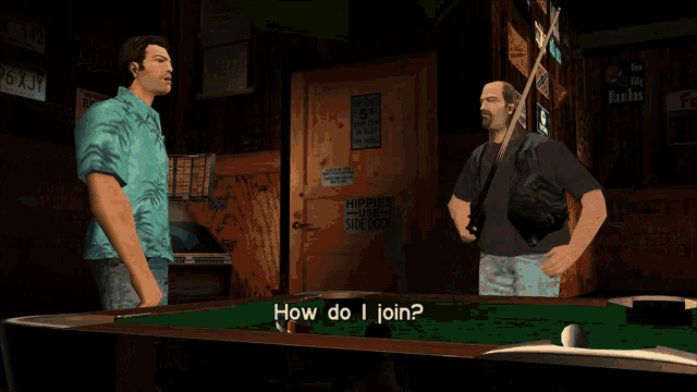 a man is holding a pool cue in a video game and asking how do i join