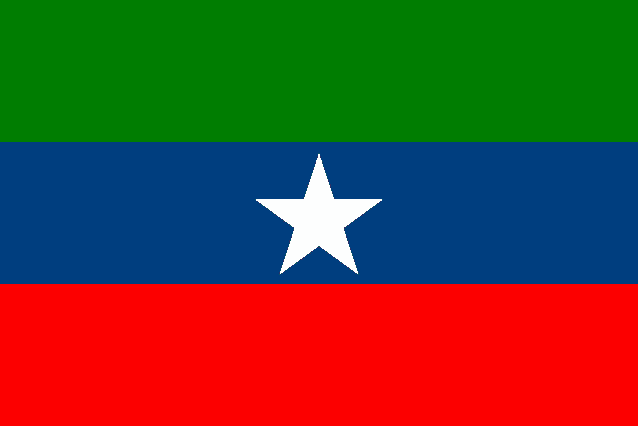 a red green and blue flag with a white star in the middle