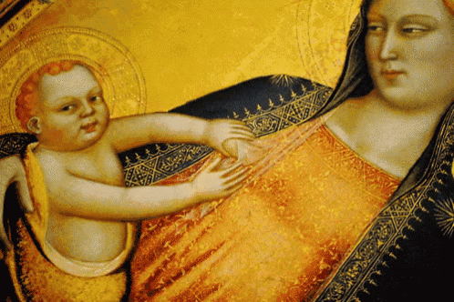 a painting of a woman holding a baby in her arms with a gold background