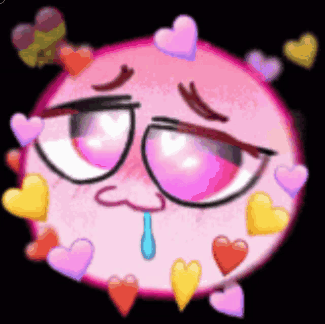 a pink smiley face with hearts around it and a tear coming out of its nose .