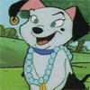a dalmatian dog wearing a necklace and earrings is sitting on the grass .
