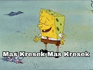 a cartoon of spongebob squarepants laughing with the words mas kresek mas kresek written below him .