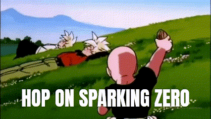 a cartoon character is standing on top of a grassy hill with the words hop on sparking zero written below him .