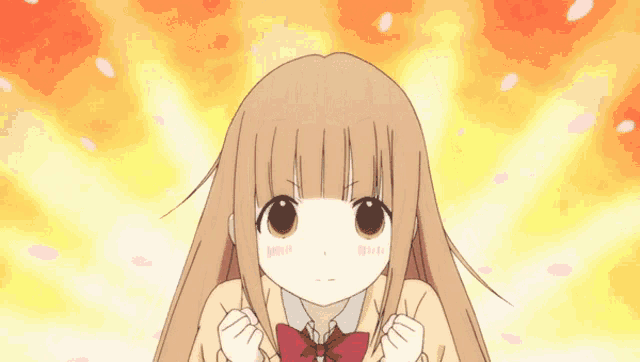 a girl with long brown hair and a red bow on her school uniform