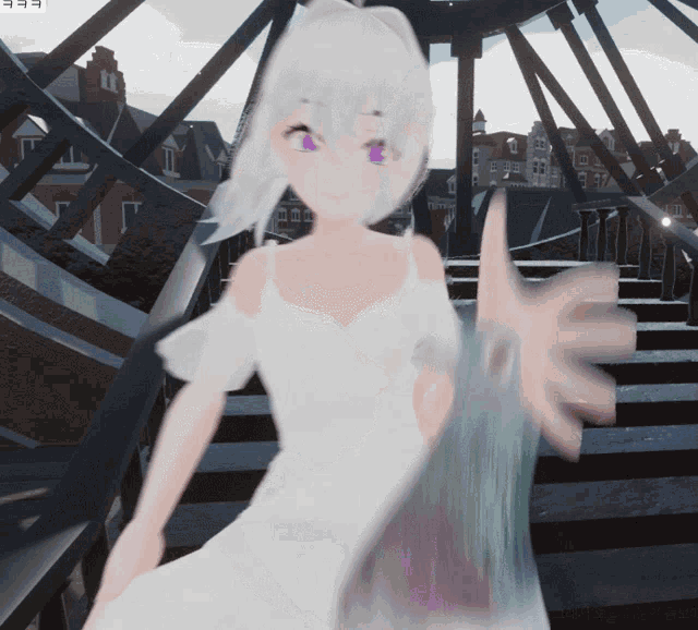 a girl with white hair and purple eyes stands on stairs