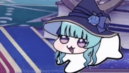 a cartoon girl with blue hair and a witch hat is laying on a blue rug .
