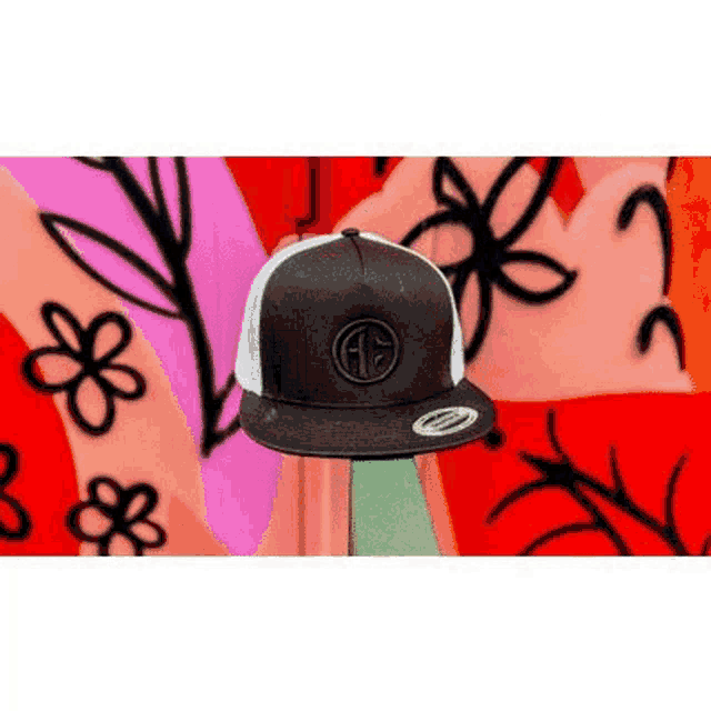 a black and white hat is sitting in front of a wall with graffiti on it .