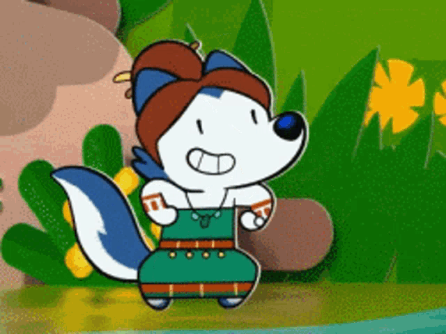 a cartoon drawing of a squirrel wearing a green dress