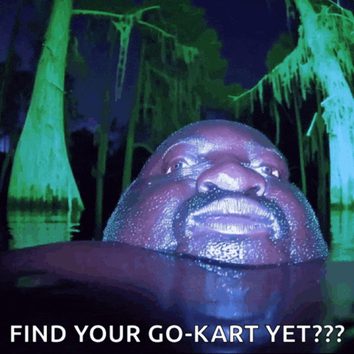 a man in a swamp with the words " find your go-kart yet " on the bottom