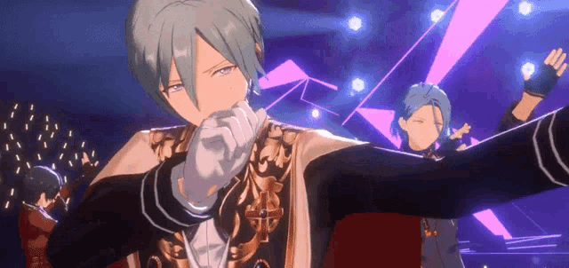 a group of anime characters are dancing on a stage with purple lights