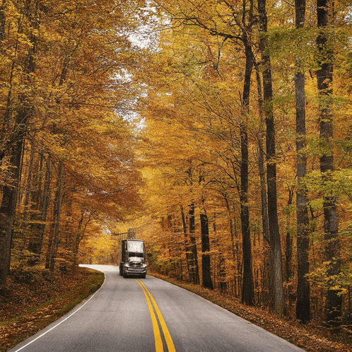 a white van is driving down a road surrounded by trees with yellow leaves
