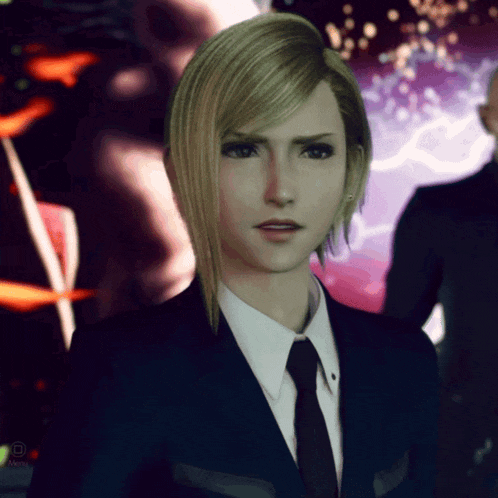 a blonde woman in a suit and tie stands in front of a purple background