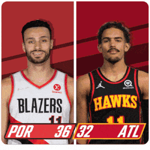 two basketball players from the blazers and the hawks are standing next to each other