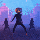 a person with a pumpkin head is dancing in a cemetery