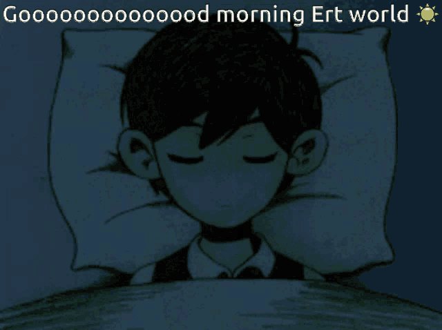 a cartoon drawing of a boy sleeping with the words good morning ert world above him