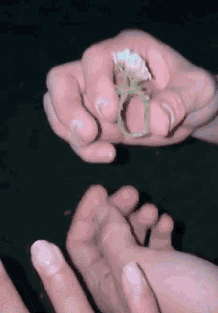 a person is holding a flower in their hands while another person is holding a ring .