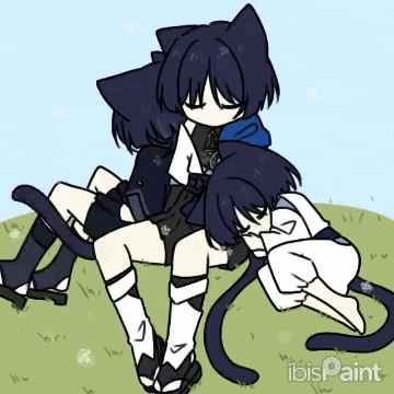 a couple of anime characters are sitting on top of each other on a grassy field .