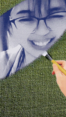 a painting of a woman with glasses and a yellow brush