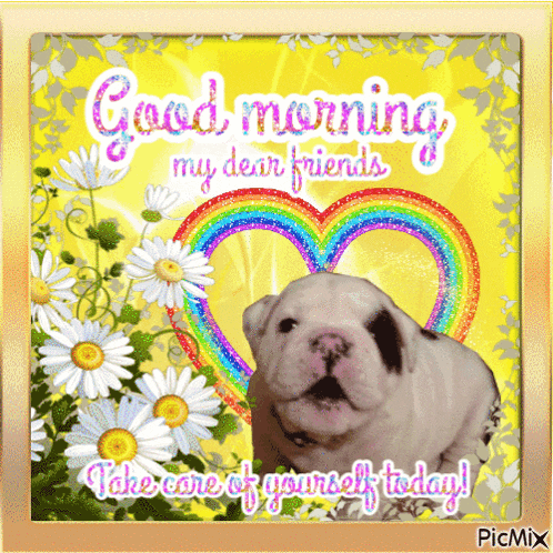 a picture of a puppy with flowers and a rainbow heart says good morning my dear friends take care of yourself today