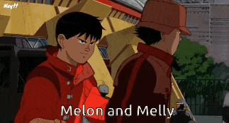 two anime characters melon and melly are standing next to each other on a street