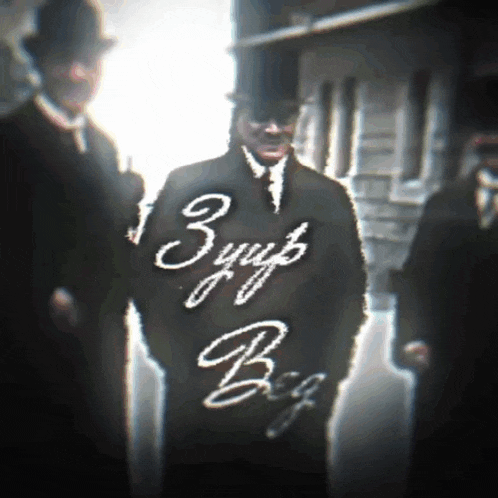 a man in a top hat is standing in front of a sign that says 3yup bog