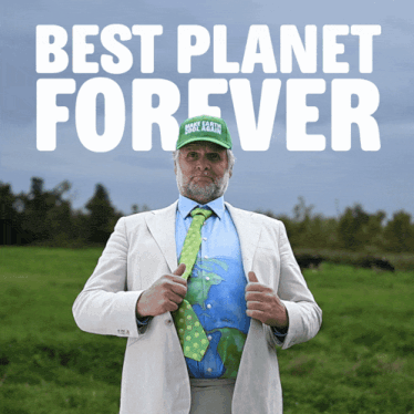 a man in a suit and tie giving a thumbs up in front of a sign that says " best planet forever "