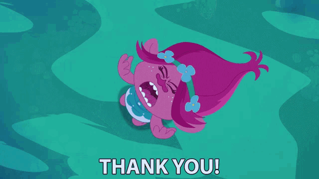 a thank you message with a cartoon character and a blue background
