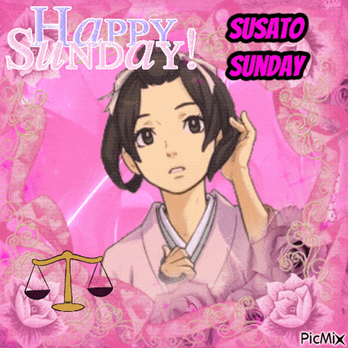 a picture of a girl on a pink background that says happy sunday