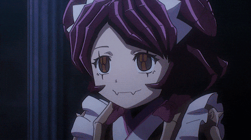 a close up of a anime character with purple hair and brown eyes